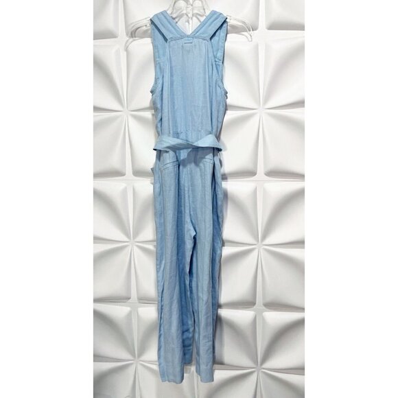 Juicy Couture Sz XS Blue Washed LINEN Cropped Jumpsuit Belted Pocket Wide Leg - Picture 7 of 13